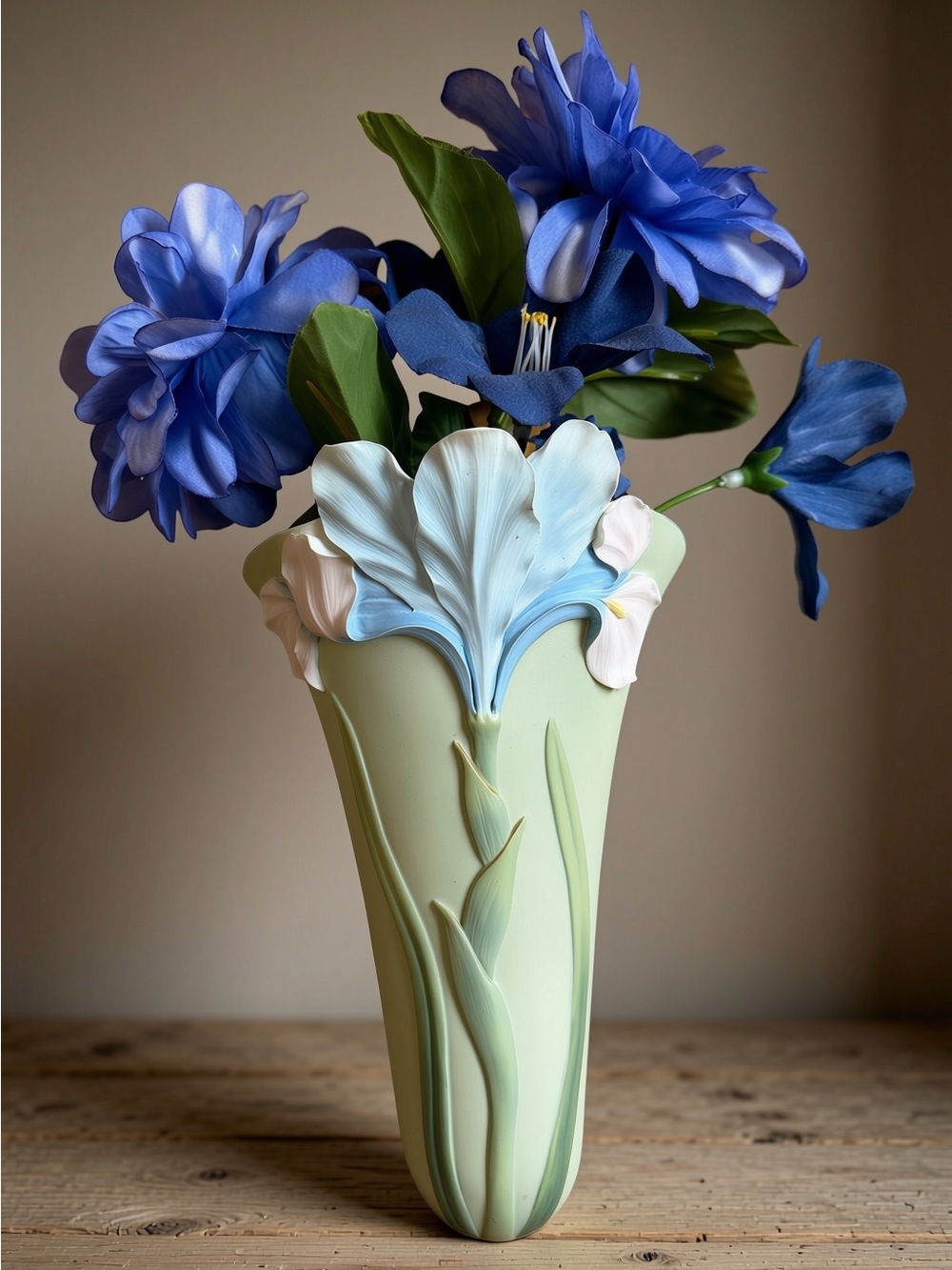 Exquisite Ibis & Orchid Wall-Mounted Ceramic Vase Blue Iris #106 Vintage